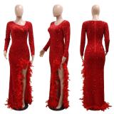 Red Long Sleeve Sequins Mesh Feather Bodycon Evening Maxi Dress