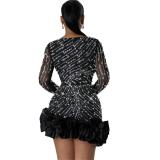 Black Long Sleeve Low Cut Mesh Rhinestone Pleated Mini Dress