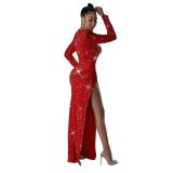 Red Two Pieces Sequins Long Sleeve Mesh Underwear Formal Evening Long Dress