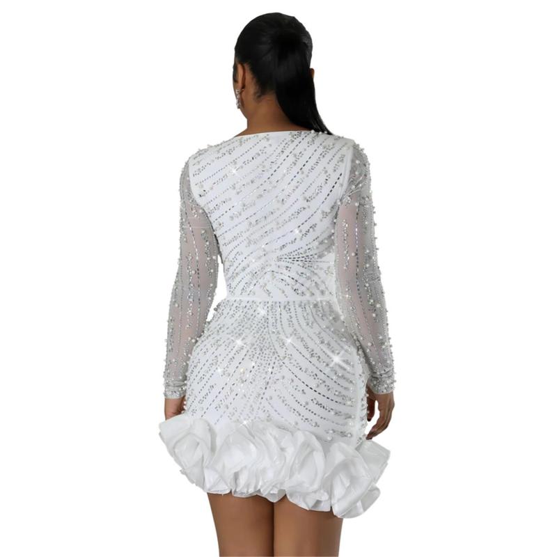White Long Sleeve Low Cut Mesh Rhinestone Pleated Mini Dress