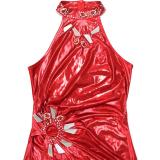 Red Sleeveless Rhinestone Sexy Slit Pleated Formal Long Dress