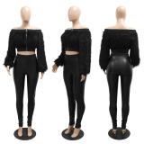 Black Long Sleeve Velvet Zipper Crop Tops Sexy Slim Fit Pant Sets