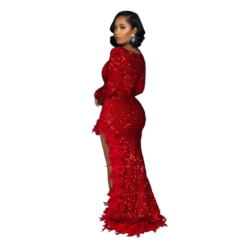 Red Long Sleeve Sequins Mesh Feather Bodycon Evening Maxi Dress