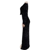 Black Two Pieces Sequins Long Sleeve Mesh Underwear Formal Evening Long Dress
