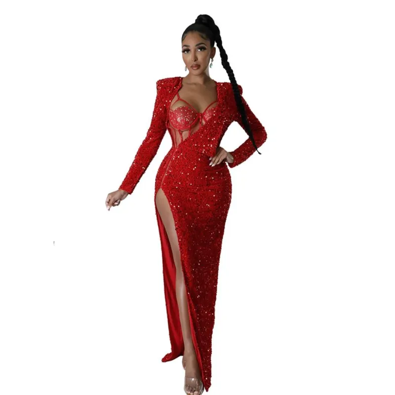 Red Two Pieces Sequins Long Sleeve Mesh Underwear Formal Evening Long Dress