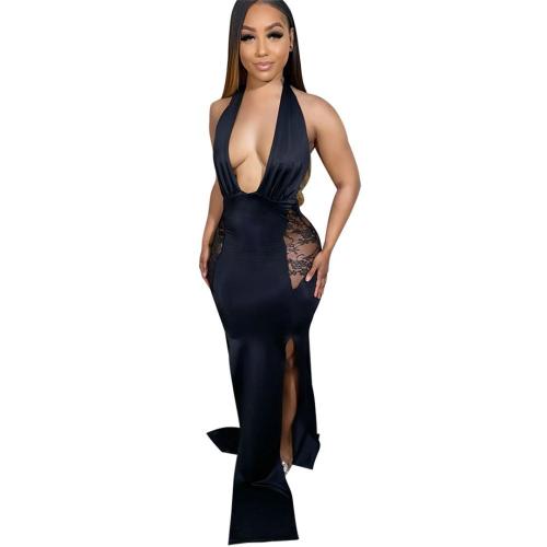 Black Deep V Neck Halter Sexy Backless Lace Hollow Party Formal Long Dress