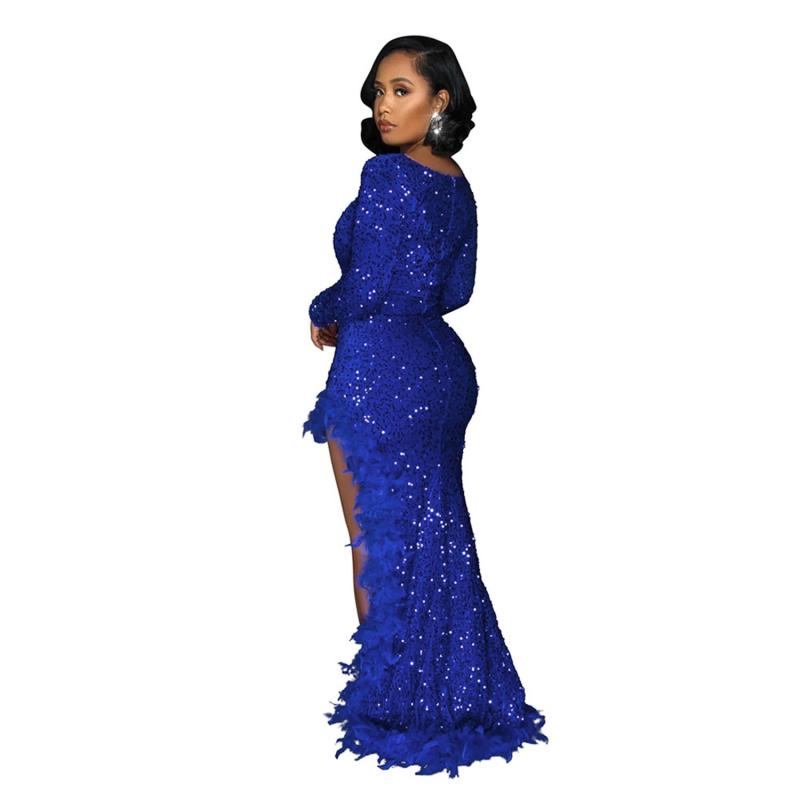 Blue Long Sleeve Sequins Mesh Feather Bodycon Evening Maxi Dress