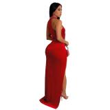Red Sleeveless Rhinestone Sexy Slit Pleated Formal Long Dress