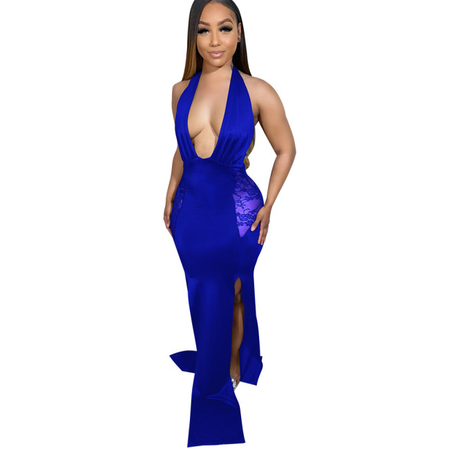 Blue Deep V Neck Halter Sexy Backless Lace Hollow Party Formal Long Dress