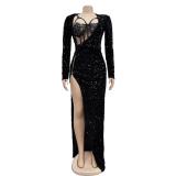 Black Two Pieces Sequins Long Sleeve Mesh Underwear Formal Evening Long Dress