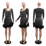 Black Long Sleeve Low Cut Mesh Rhinestone Pleated Mini Dress