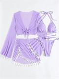 Purple Four Piece Bikini Sets with Mesh Covers
