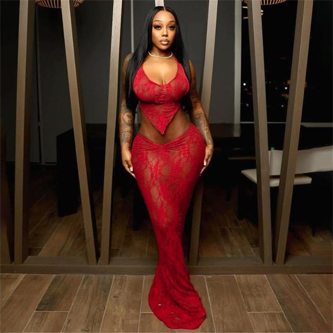 Red Two Pieces Lace Hollow Out Bodycon Party Prom Maxi Dress