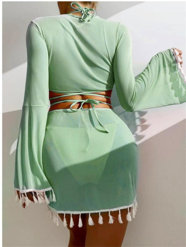 Green Four Piece Bikini Sets with Mesh Covers
