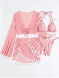 Pink Four Piece Bikini Sets with Mesh Covers
