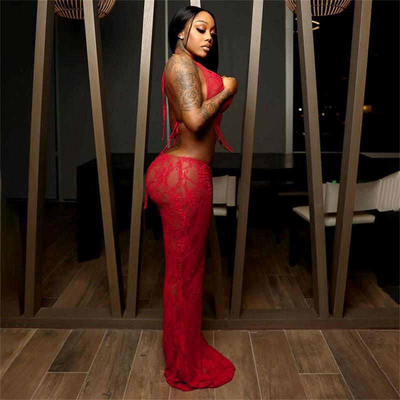 Red Two Pieces Lace Hollow Out Bodycon Party Prom Maxi Dress