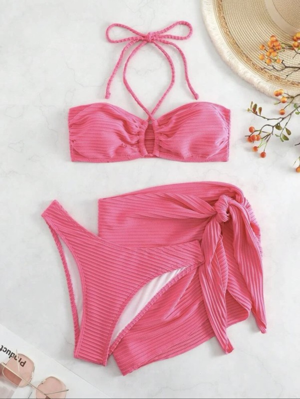 PinkRed Pleated Three Piece Bikini Swimsuit with Skirt