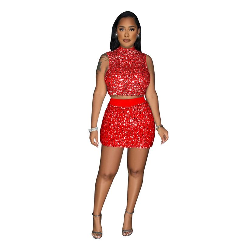 Red Two Pieces Sexy Diamonds Hollow Party Club Short Sets Dress