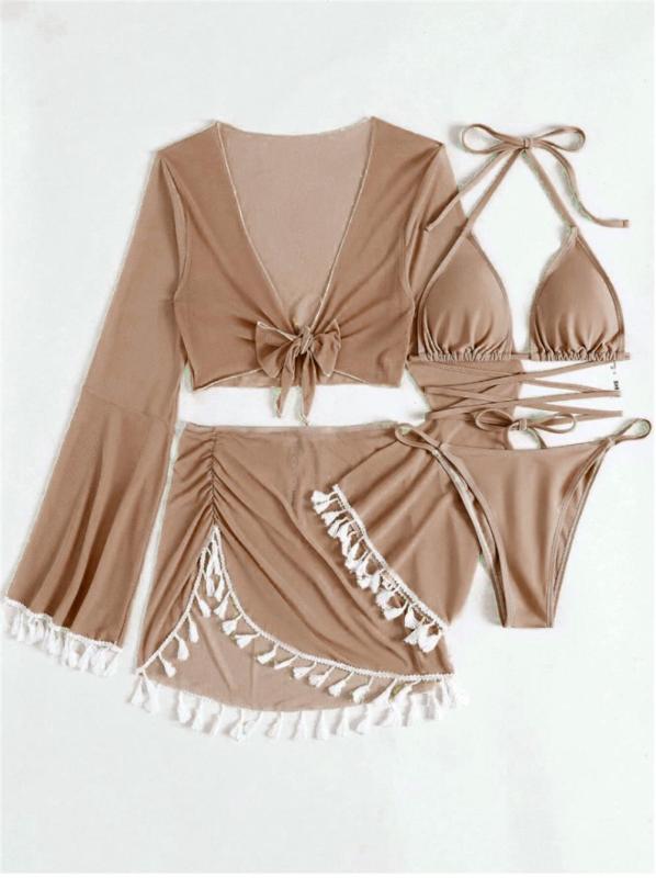 Khaki Four Piece Bikini Sets with Mesh Covers