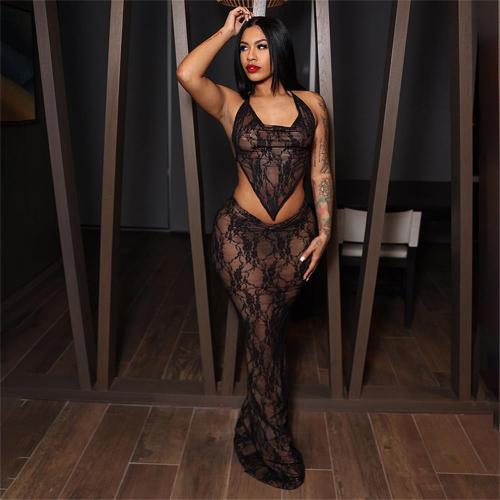 Black Two Pieces Lace Hollow Out Bodycon Party Prom Maxi Dress