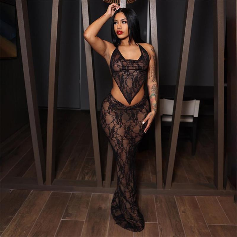 Black Two Pieces Lace Hollow Out Bodycon Party Prom Maxi Dress