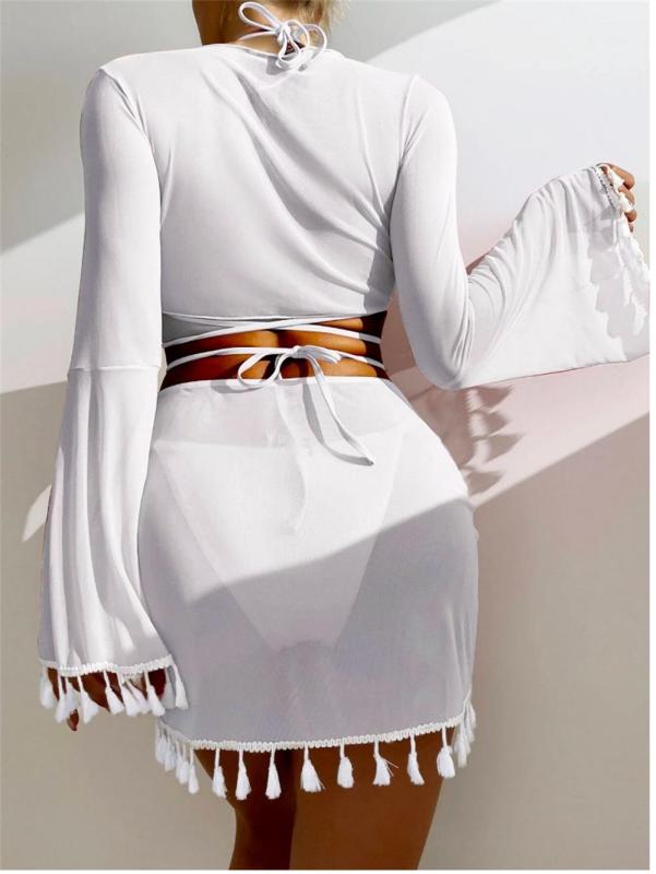 White Four Piece Bikini Sets with Mesh Covers