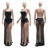 Black Straps Mesh Rhinestone Low Cut Rompers Sexy Hollow Skirt Dress Two Piece Sets
