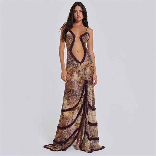 Multi Women Deep V Neck Sling Hollow Party Sexy Maxi Dress