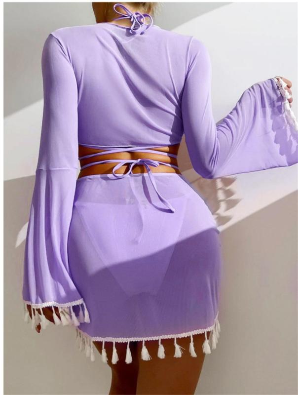 Purple Four Piece Bikini Sets with Mesh Covers