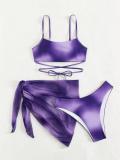 Purple Printing Three Pieces Bikini Sets with Skirt