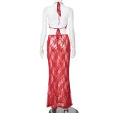 Red Two Pieces Lace Hollow Out Bodycon Party Prom Maxi Dress