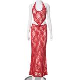 Red Two Pieces Lace Hollow Out Bodycon Party Prom Maxi Dress