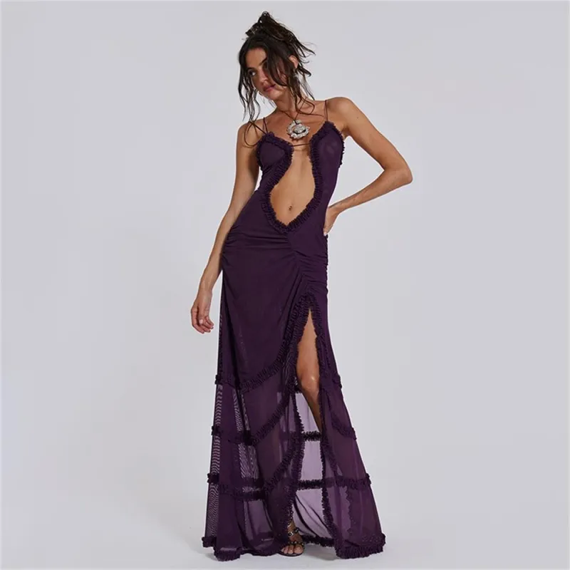 Purple Sling Hollow Party Sexy Maxi Dress