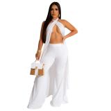 White Halter Cloak Two Pieces Wide Leg Trousers Pant Sets