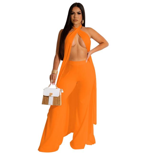 Orange Halter Cloak Two Pieces Wide Leg Trousers Pant Sets