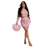 Pink Long Sleeve O Neck Knitted Hollow Sequins Pant Sets Dress