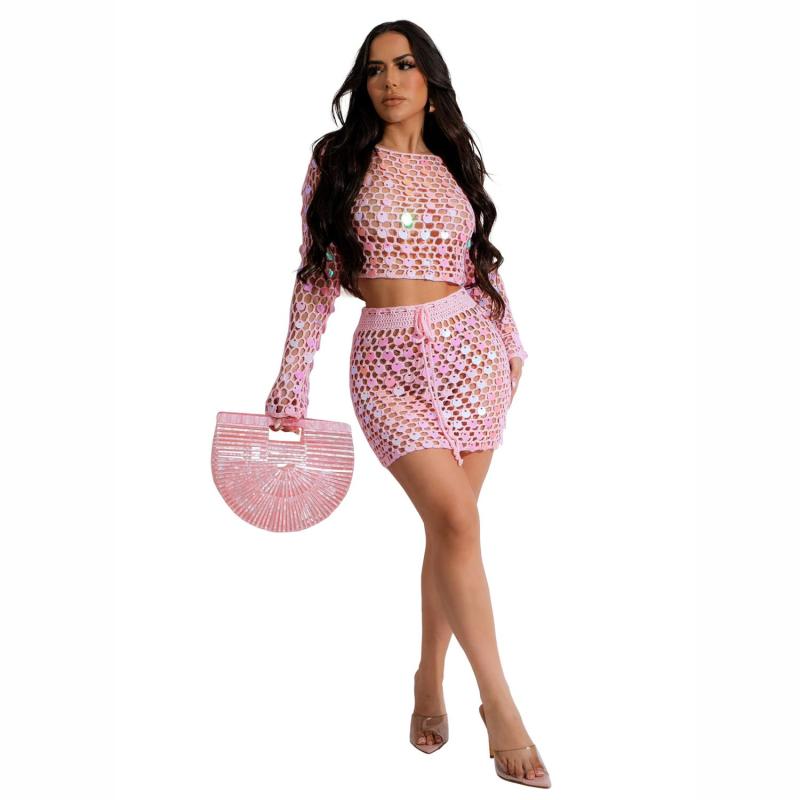 Pink Long Sleeve O Neck Knitted Hollow Sequins Pant Sets Dress