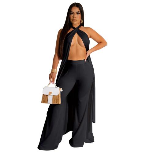 Black Halter Cloak Two Pieces Wide Leg Trousers Pant Sets