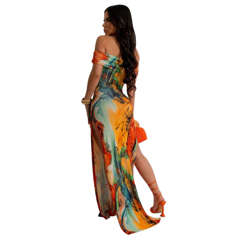 Orange Women's Off Shoulder Printed Hight Slit Fashion Long Dress