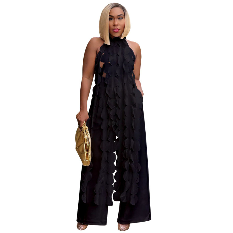 Black Halter Hollow Out Backless Ruffles Wide Leg Jumpsuits