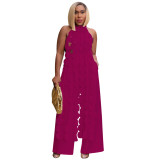 RoseRed Halter Hollow Out Backless Ruffles Wide Leg Jumpsuits