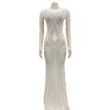 Beige Mesh Long Sleeve Rhinestone Elegant Evening Formal Long Dress