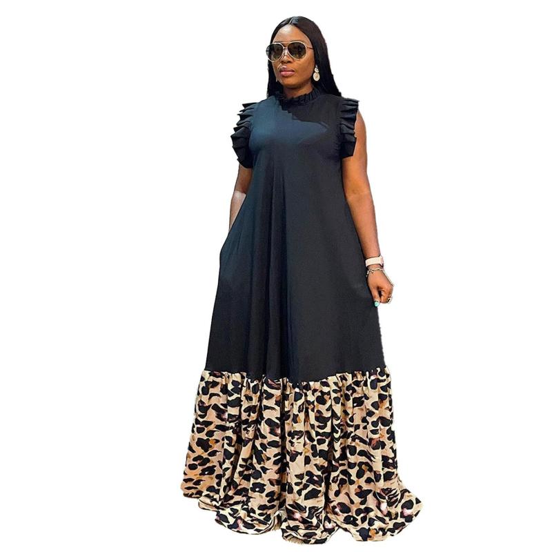 Black Leopard Sleeveless Pleated O Neck Printed Casual Long Skirt Dress
