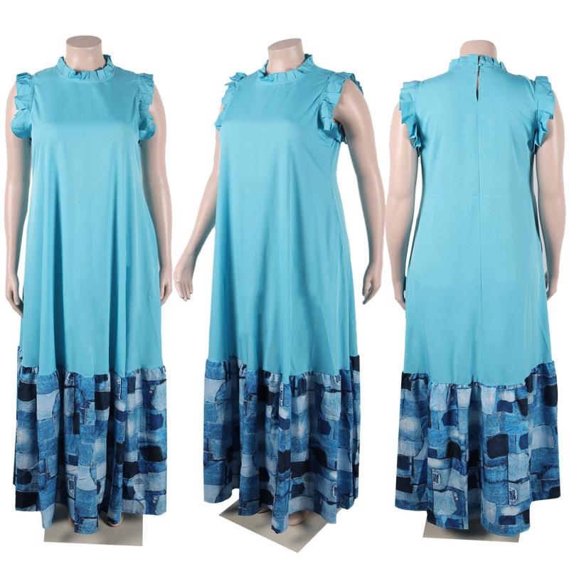 SkyBlue Sleeveless Pleated O Neck Fashion Printed Casual Long Skirt Dress