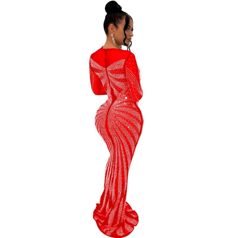 Red Mesh Long Sleeve Rhinestone Elegant Evening Formal Long Dress