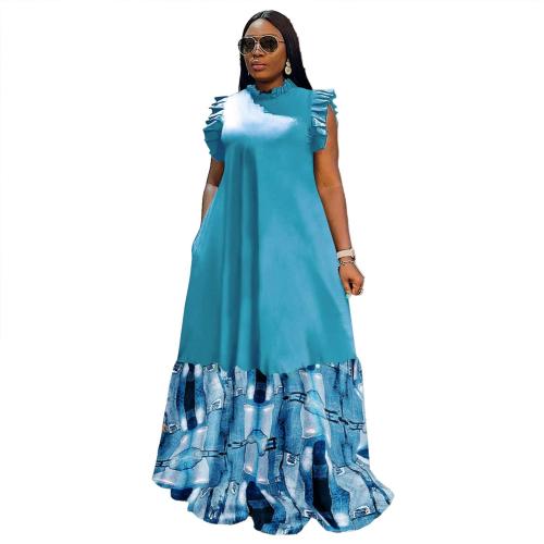 SkyBlue Sleeveless Pleated O Neck Fashion Printed Casual Long Skirt Dress