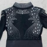 Black Long Sleeve Mesh Rhinestone Bodycon Mini Dress