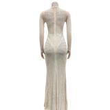 Beige Mesh Long Sleeve Rhinestone Elegant Evening Formal Long Dress