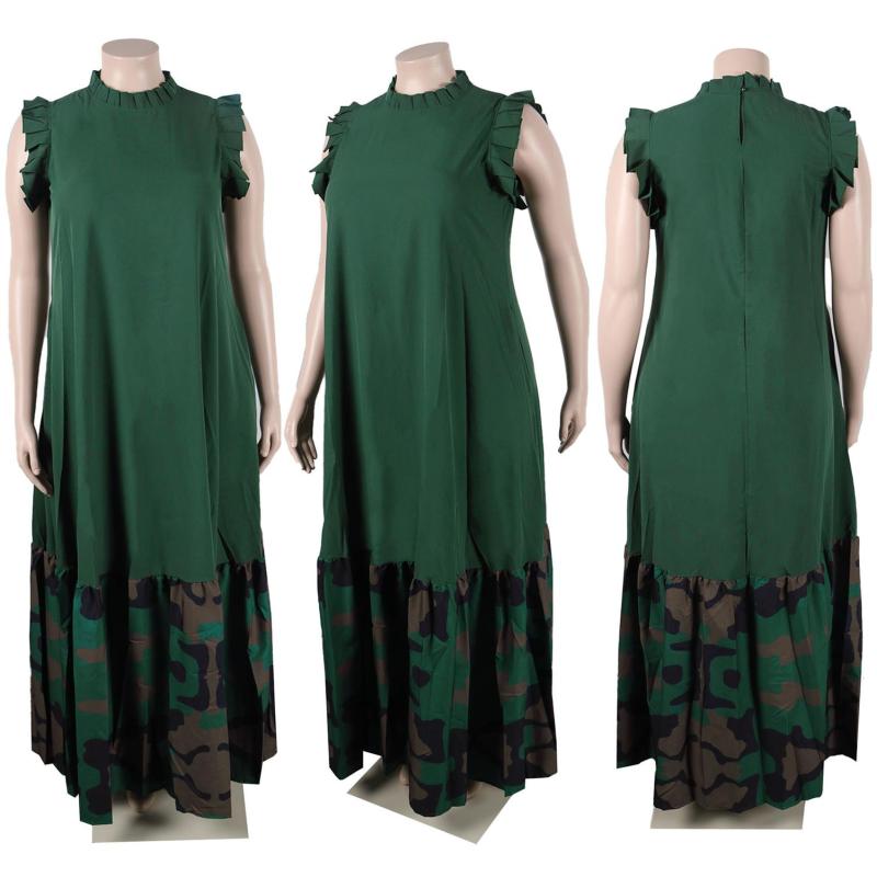 Green Sleeveless Pleated O Neck Fashion Printed Casual Long Skirt Dress