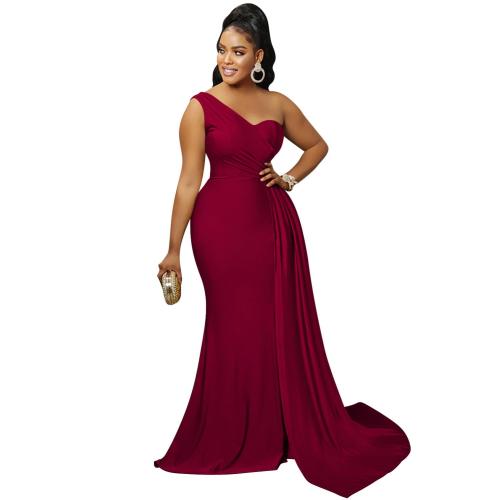 Claret One Shoulder Sleeveless Pleated Party Elegant Maxi Prom Dress